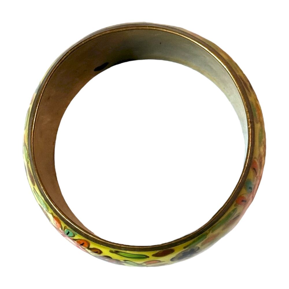 Vintage Bohemian Bangle Brass Green Pink Blue Floral Enamel Bracelet - Picture 5 of 6